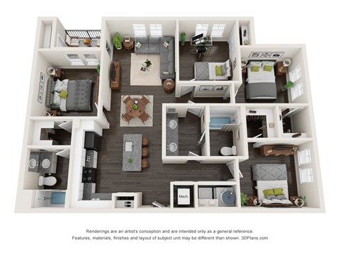 Floor plan for 4 beds, 2 baths, 1324 sqft